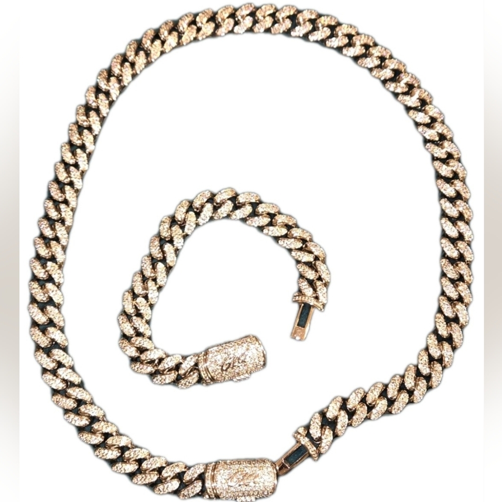 Diamond Cuban Chain + Bracelet Set/ Bundle 12mm (Both Pieces Included) GLD (NIB) - Picture 4 of 11